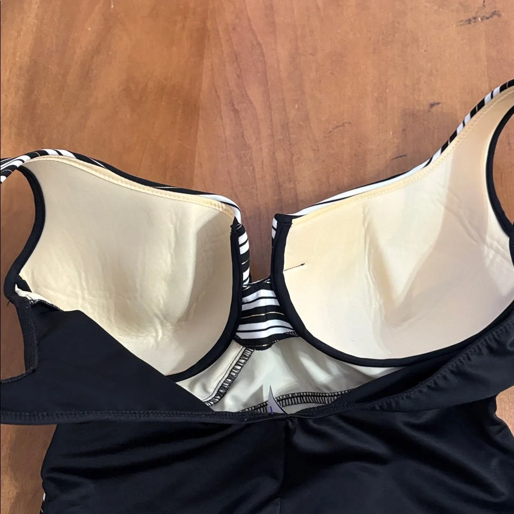 Miraclesuit One Piece Swimsuit in Black White and Gold Stripes Size 16